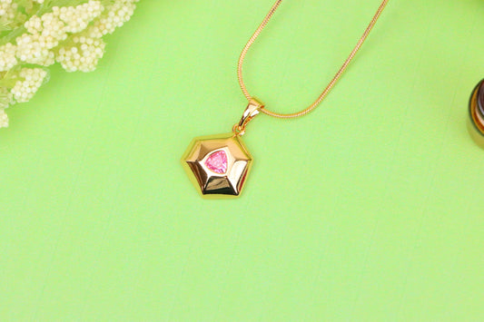 Pink Geometric Gold-Plated Pendant with Trillion-Cut Center Stone, XPPT1752 (2152-1)