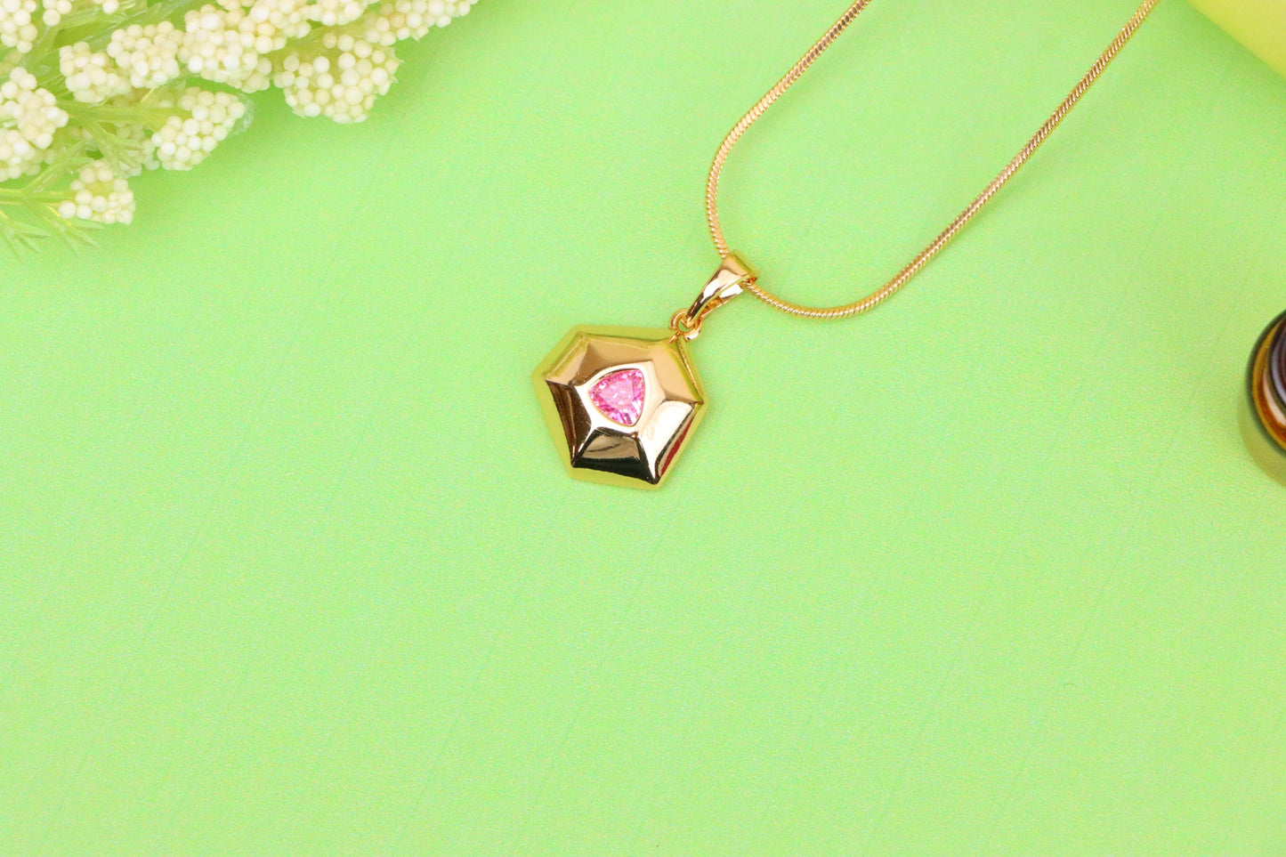 Pink Geometric Gold-Plated Pendant with Trillion-Cut Center Stone, XPPT1752 (2152-1)