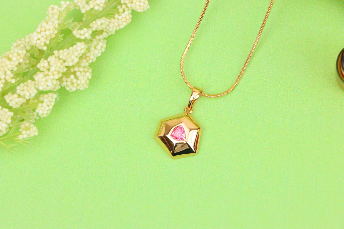 Pink Geometric Gold-Plated Pendant with Trillion-Cut Center Stone, XPPT1752 (2152-1)