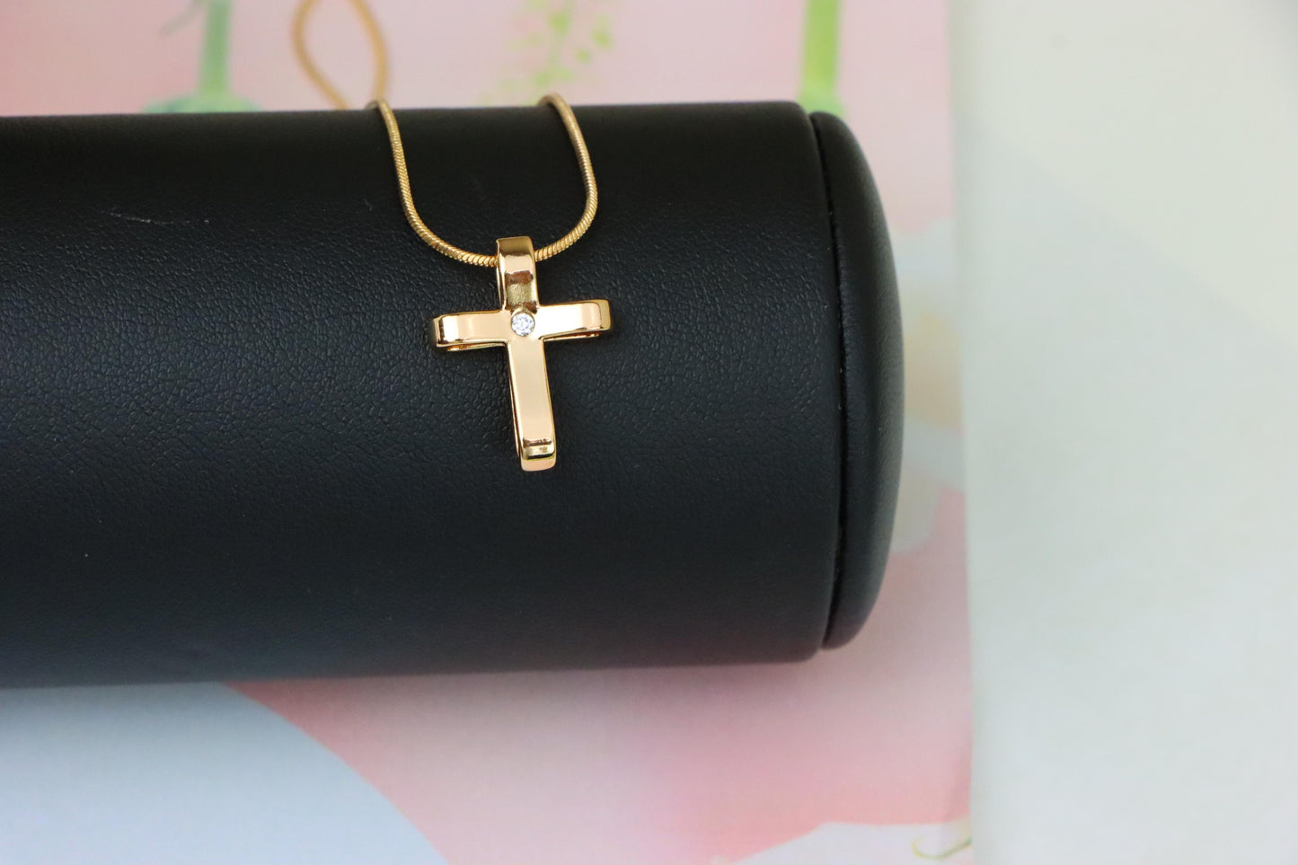 Minimalist Rose Gold Cross Pendant with Center Stone, XPPT1298 (2130-4)