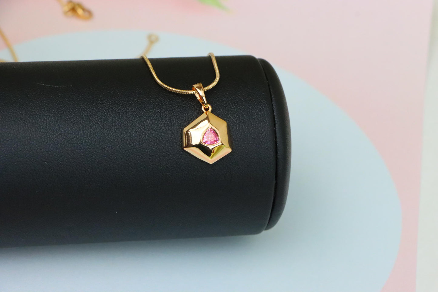 Pink Geometric Gold-Plated Pendant with Trillion-Cut Center Stone, XPPT1752 (2152-1)