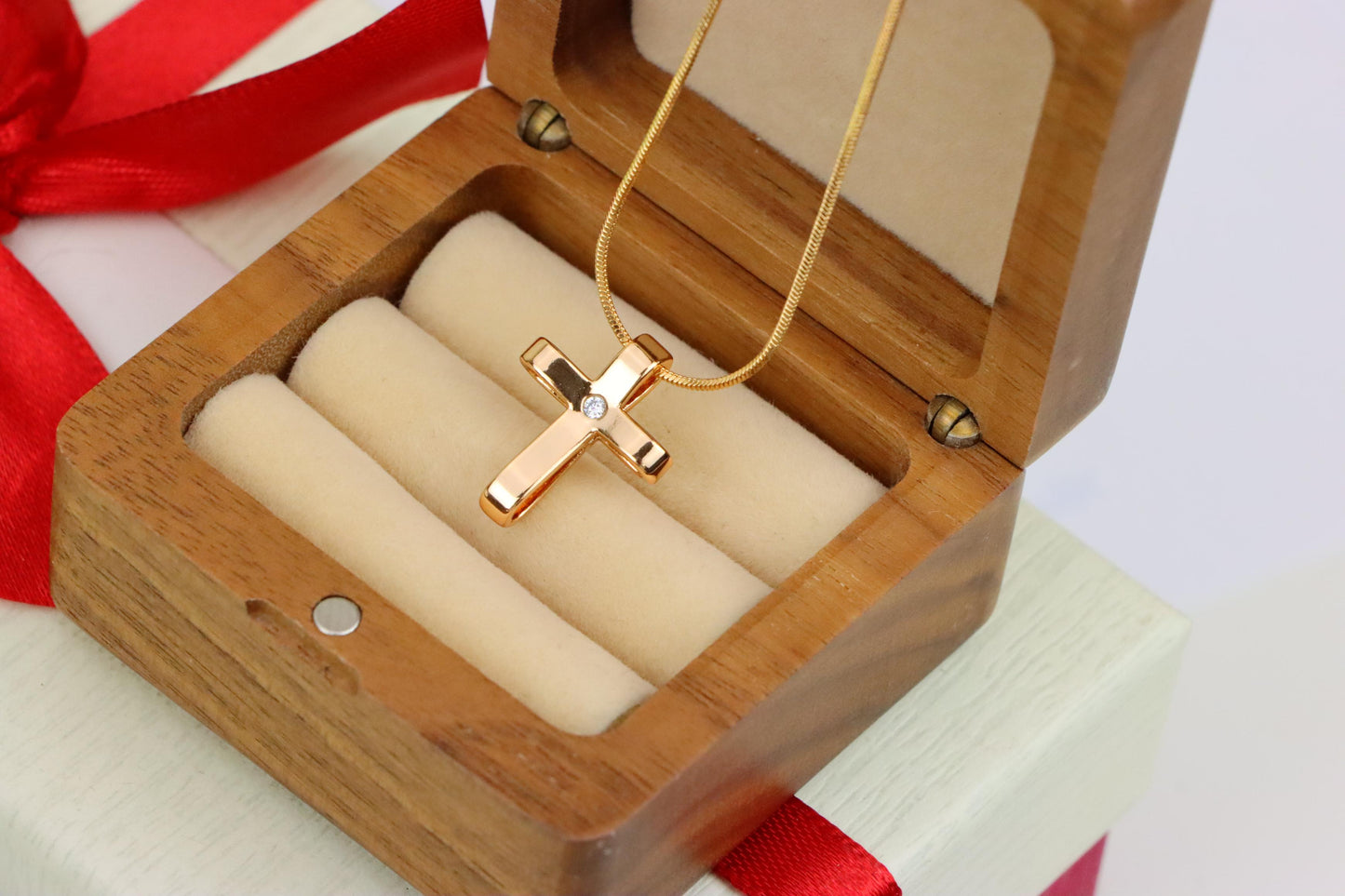 Minimalist Rose Gold Cross Pendant with Center Stone, XPPT1298 (2130-4)