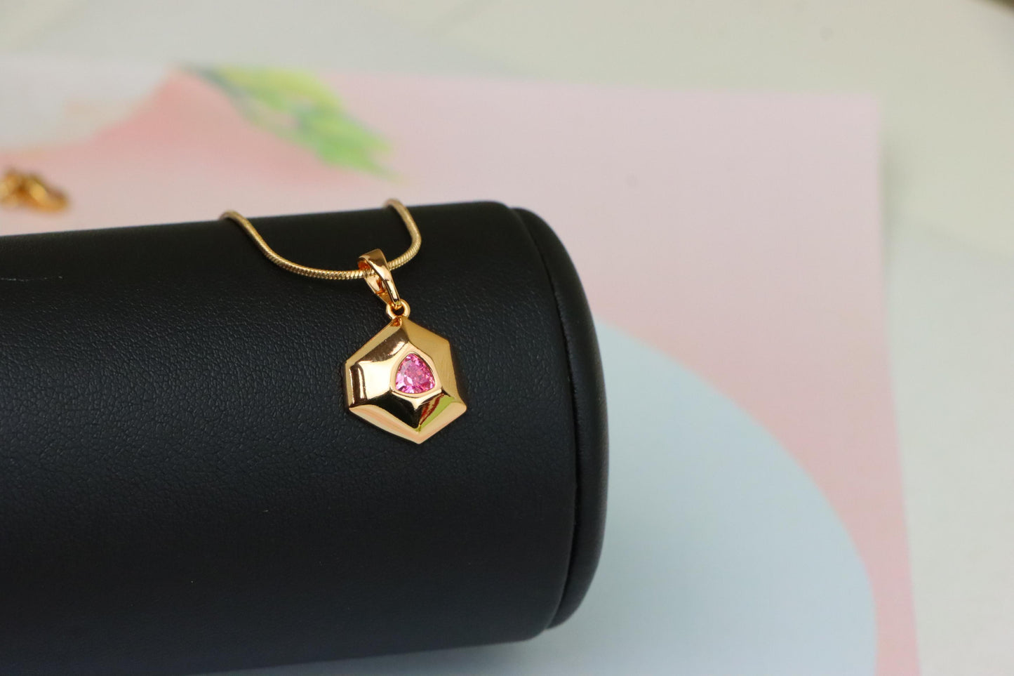 Pink Geometric Gold-Plated Pendant with Trillion-Cut Center Stone, XPPT1752 (2152-1)