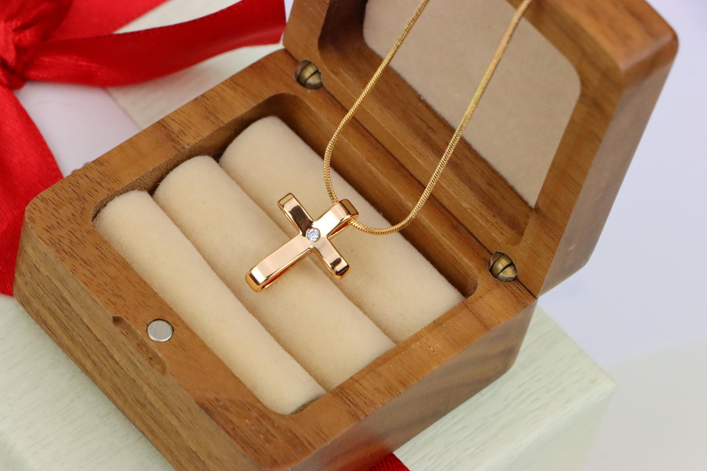 Minimalist Rose Gold Cross Pendant with Center Stone, XPPT1298 (2130-4)