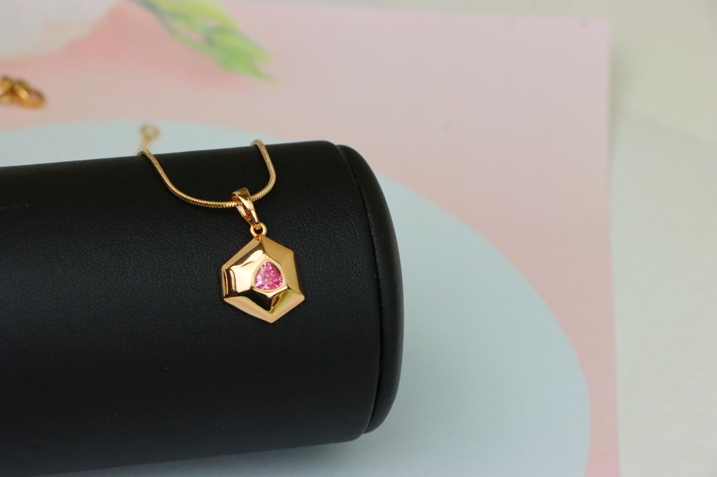 Pink Geometric Gold-Plated Pendant with Trillion-Cut Center Stone, XPPT1752 (2152-1)