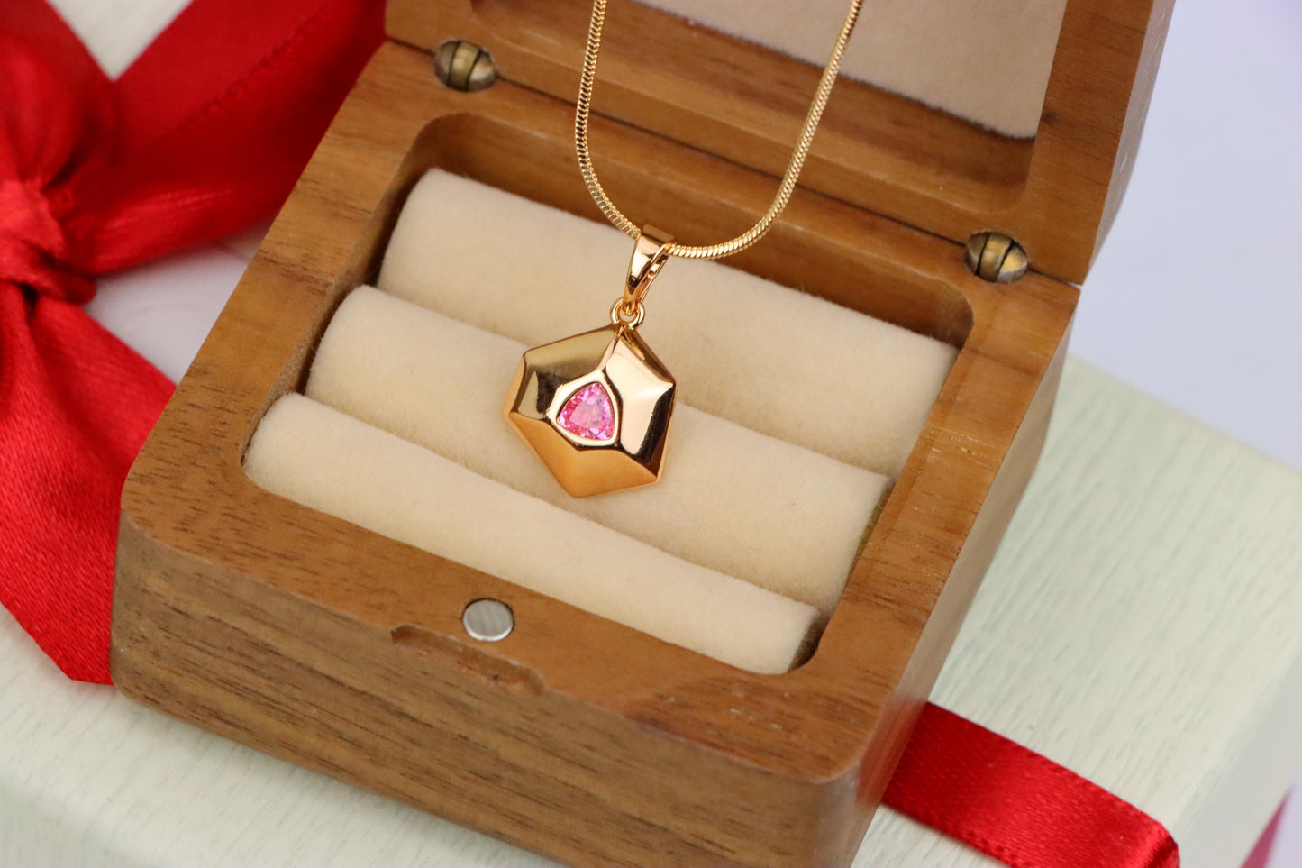 Pink Geometric Gold-Plated Pendant with Trillion-Cut Center Stone, XPPT1752 (2152-1)