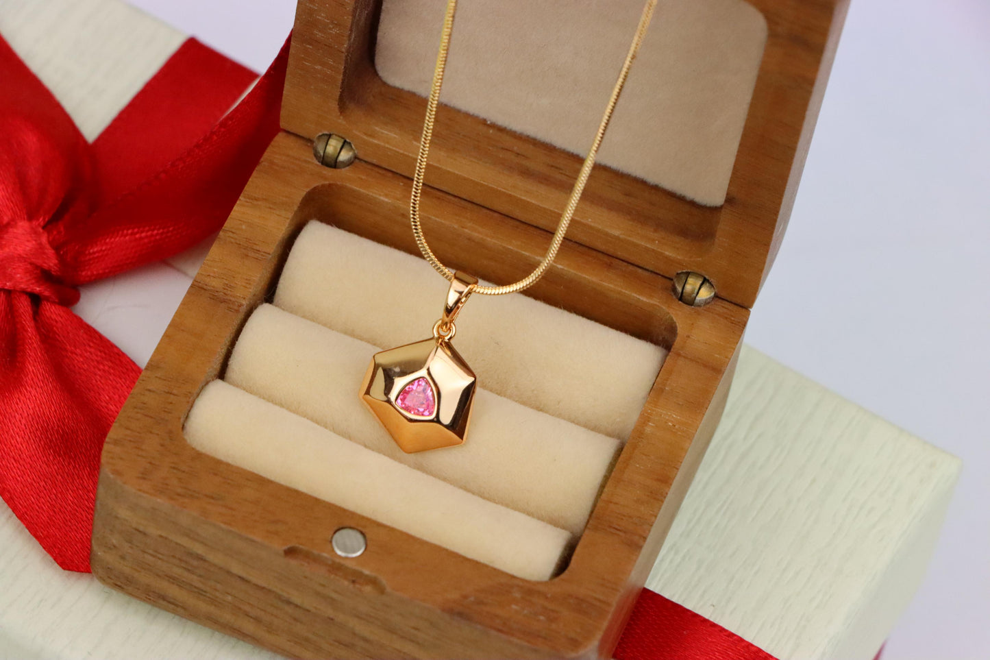 Pink Geometric Gold-Plated Pendant with Trillion-Cut Center Stone, XPPT1752 (2152-1)