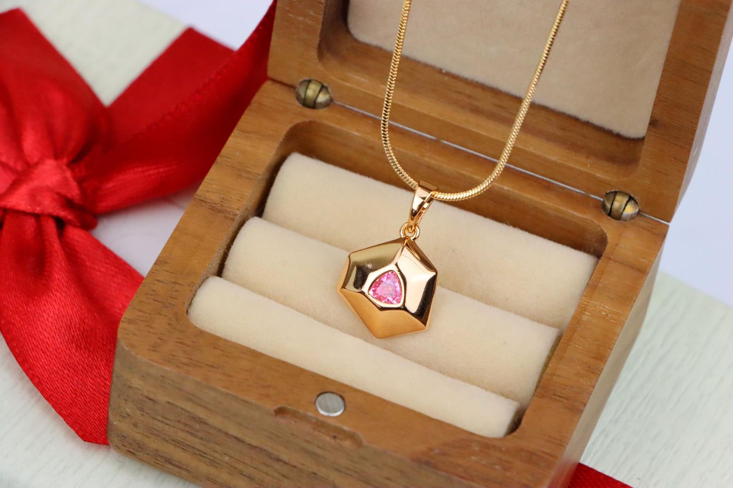 Pink Geometric Gold-Plated Pendant with Trillion-Cut Center Stone, XPPT1752 (2152-1)