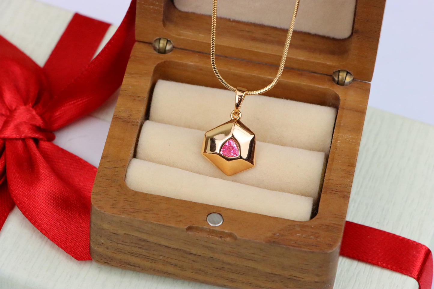 Pink Geometric Gold-Plated Pendant with Trillion-Cut Center Stone, XPPT1752 (2152-1)