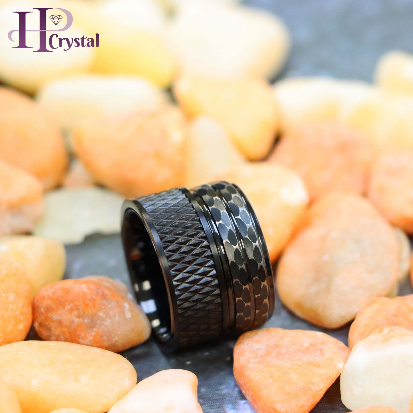Men’s Black IP Tungsten Ring – Parallelogram Leopard Spots Design, Modern Style