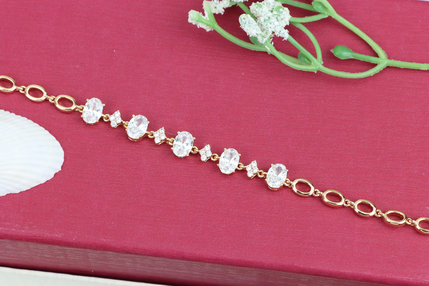 Rose Gold Oval Cut CZ Bracelet with Sparkling Stone Clusters, XPBL0973 (2098-2)