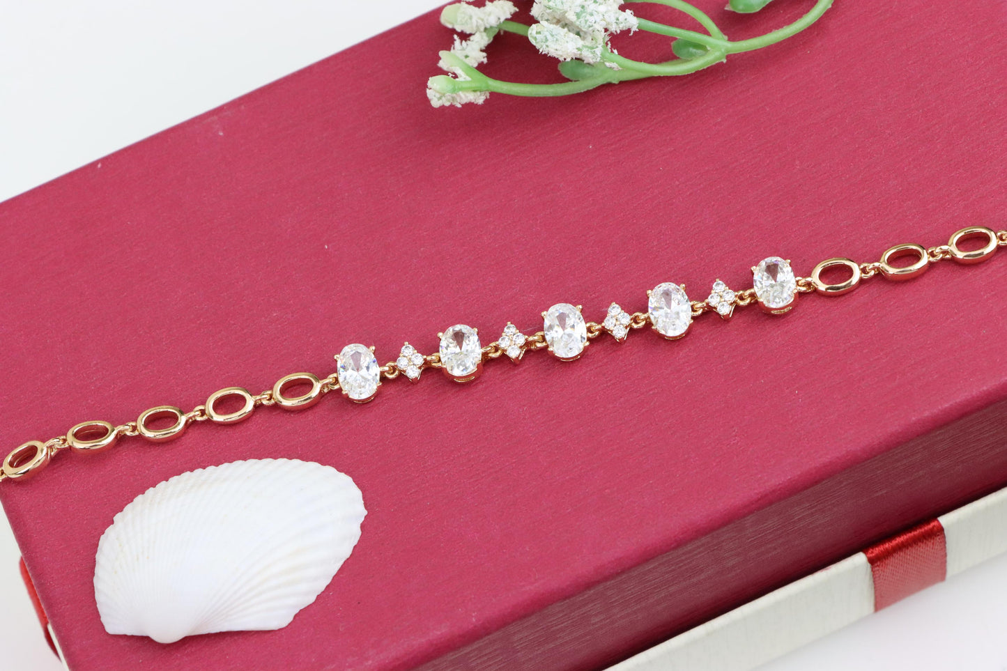 Rose Gold Oval Cut CZ Bracelet with Sparkling Stone Clusters, XPBL0973 (2098-2)