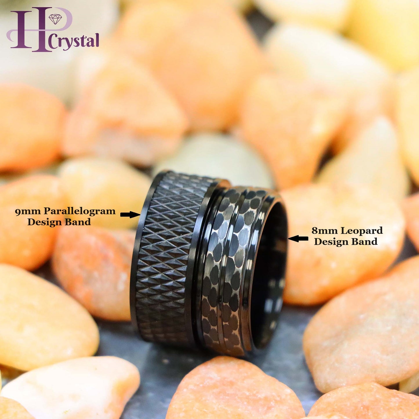 Men’s Black IP Tungsten Ring – Parallelogram Leopard Spots Design, Modern Style