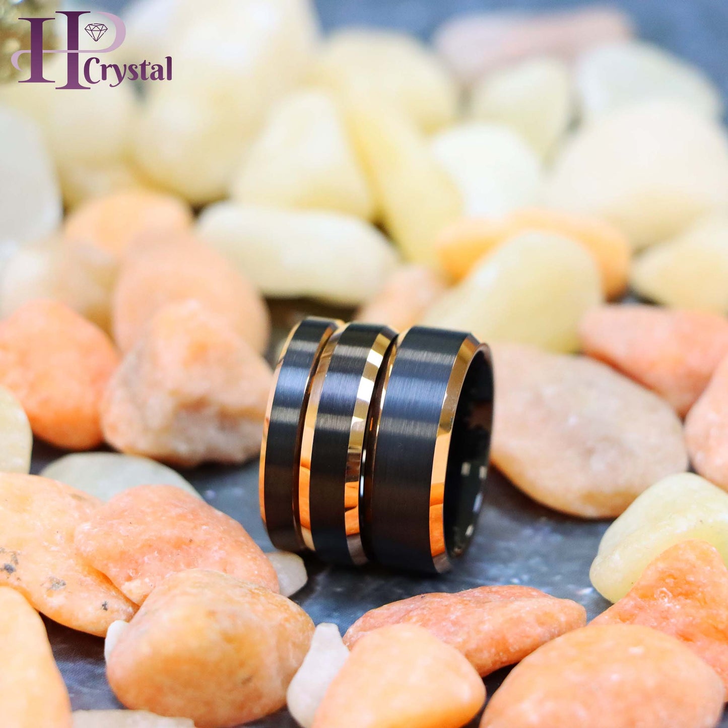Men’s Two-Tone Black & Rose Gold Tungsten Ring – Brushed Center, Shiny Beveled Edges, Durable Wedding Band & Fashion Jewelry - hpcrystal