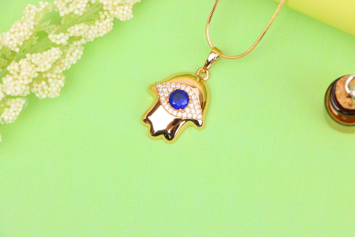 Blue Evil Eye Hamsa Pendant in Gold Plated Brass – Bold Protection Charm, XPPT1754 (2152-2)