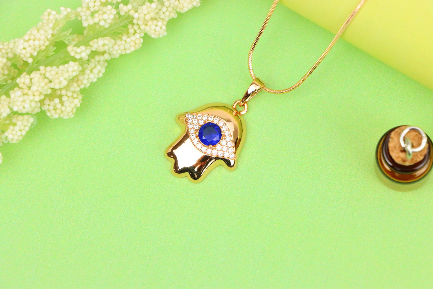 Blue Evil Eye Hamsa Pendant in Gold Plated Brass – Bold Protection Charm, XPPT1754 (2152-2)