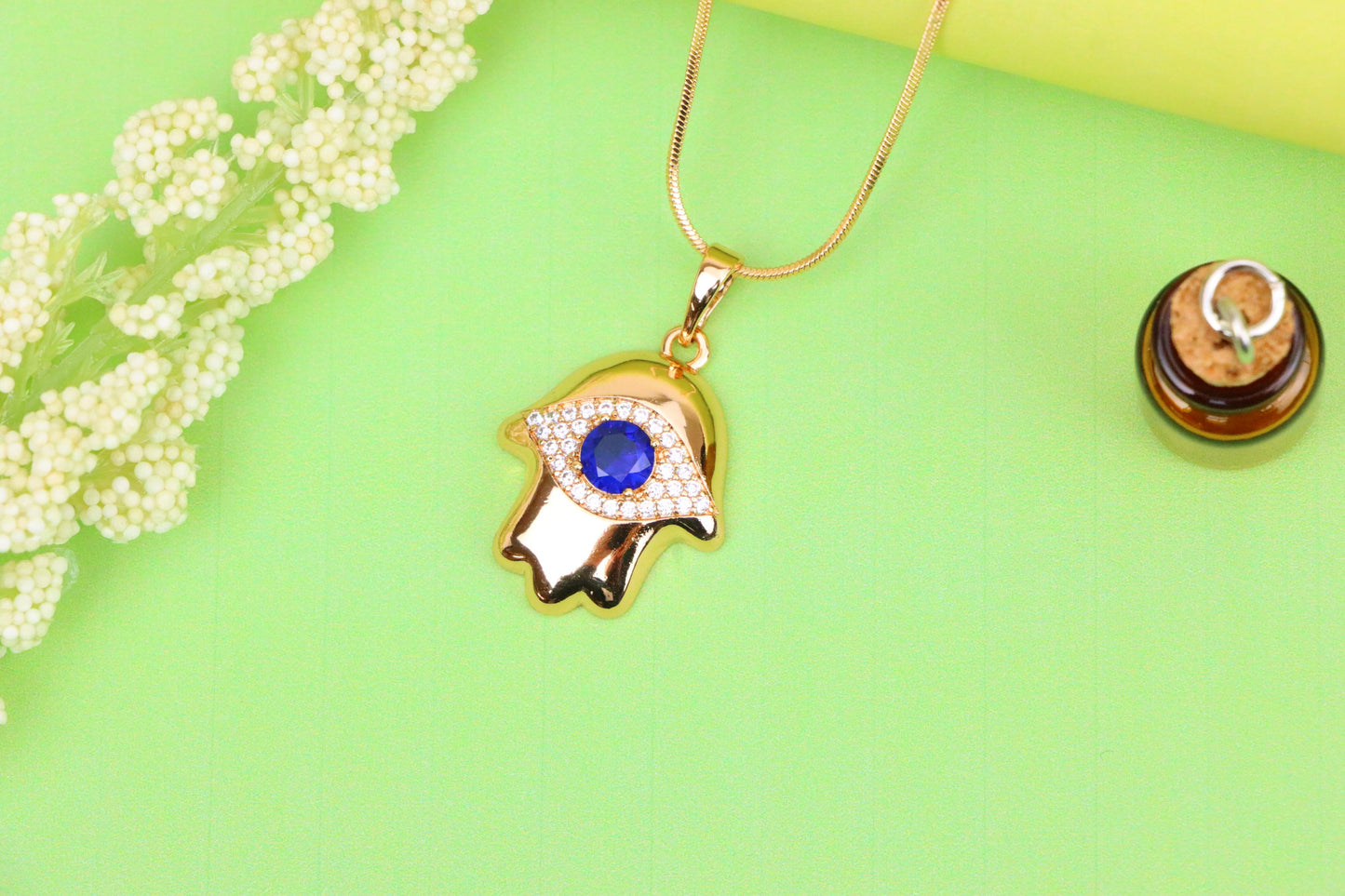 Blue Evil Eye Hamsa Pendant in Gold Plated Brass – Bold Protection Charm, XPPT1754 (2152-2)
