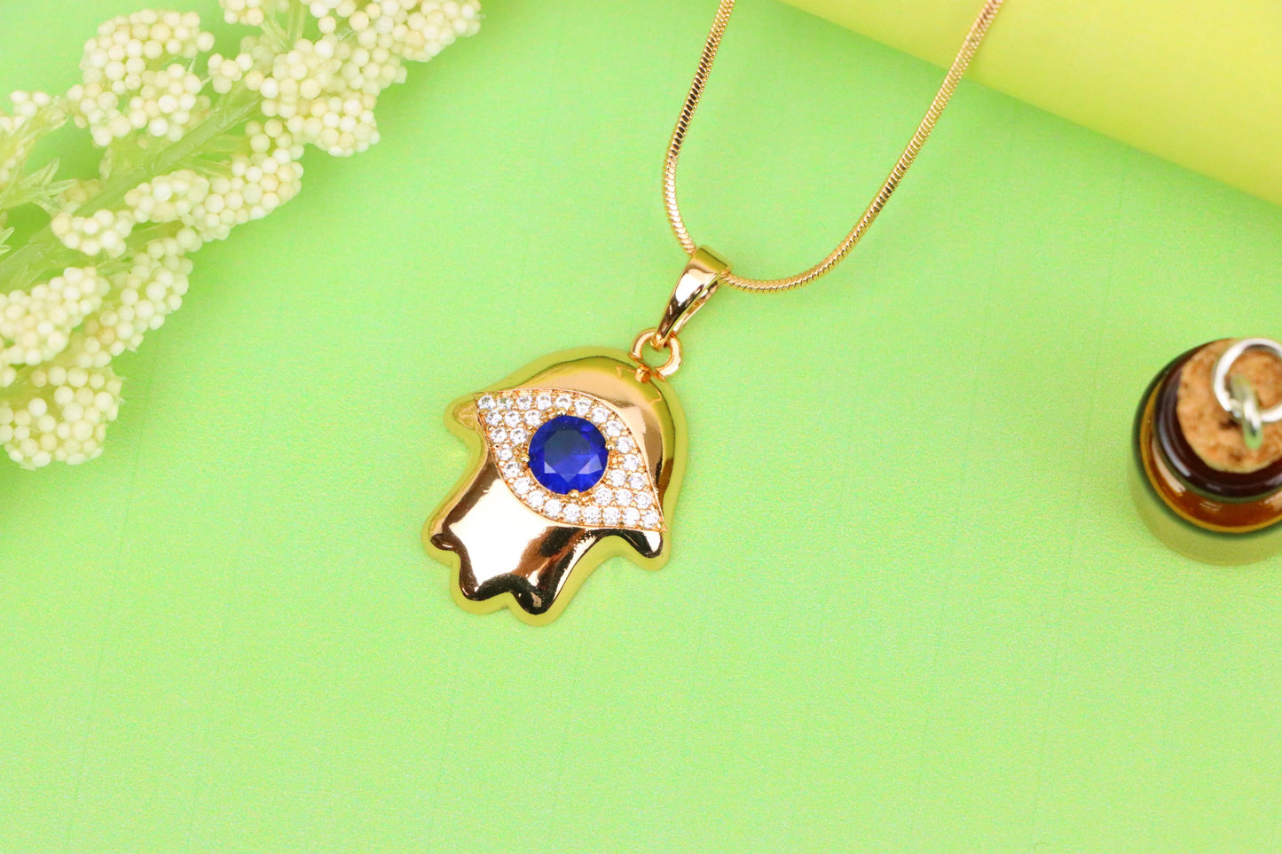 Blue Evil Eye Hamsa Pendant in Gold Plated Brass – Bold Protection Charm, XPPT1754 (2152-2)