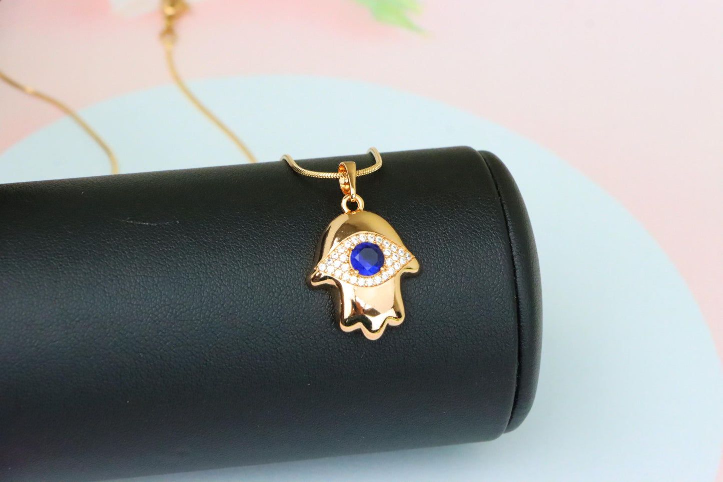 Blue Evil Eye Hamsa Pendant in Gold Plated Brass – Bold Protection Charm, XPPT1754 (2152-2)