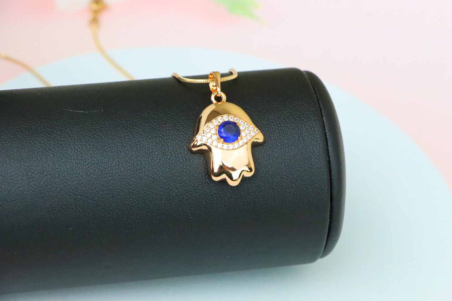 Blue Evil Eye Hamsa Pendant in Gold Plated Brass – Bold Protection Charm, XPPT1754 (2152-2)