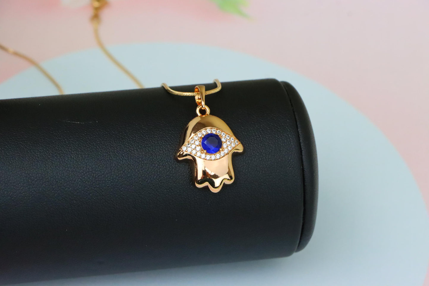Blue Evil Eye Hamsa Pendant in Gold Plated Brass – Bold Protection Charm, XPPT1754 (2152-2)