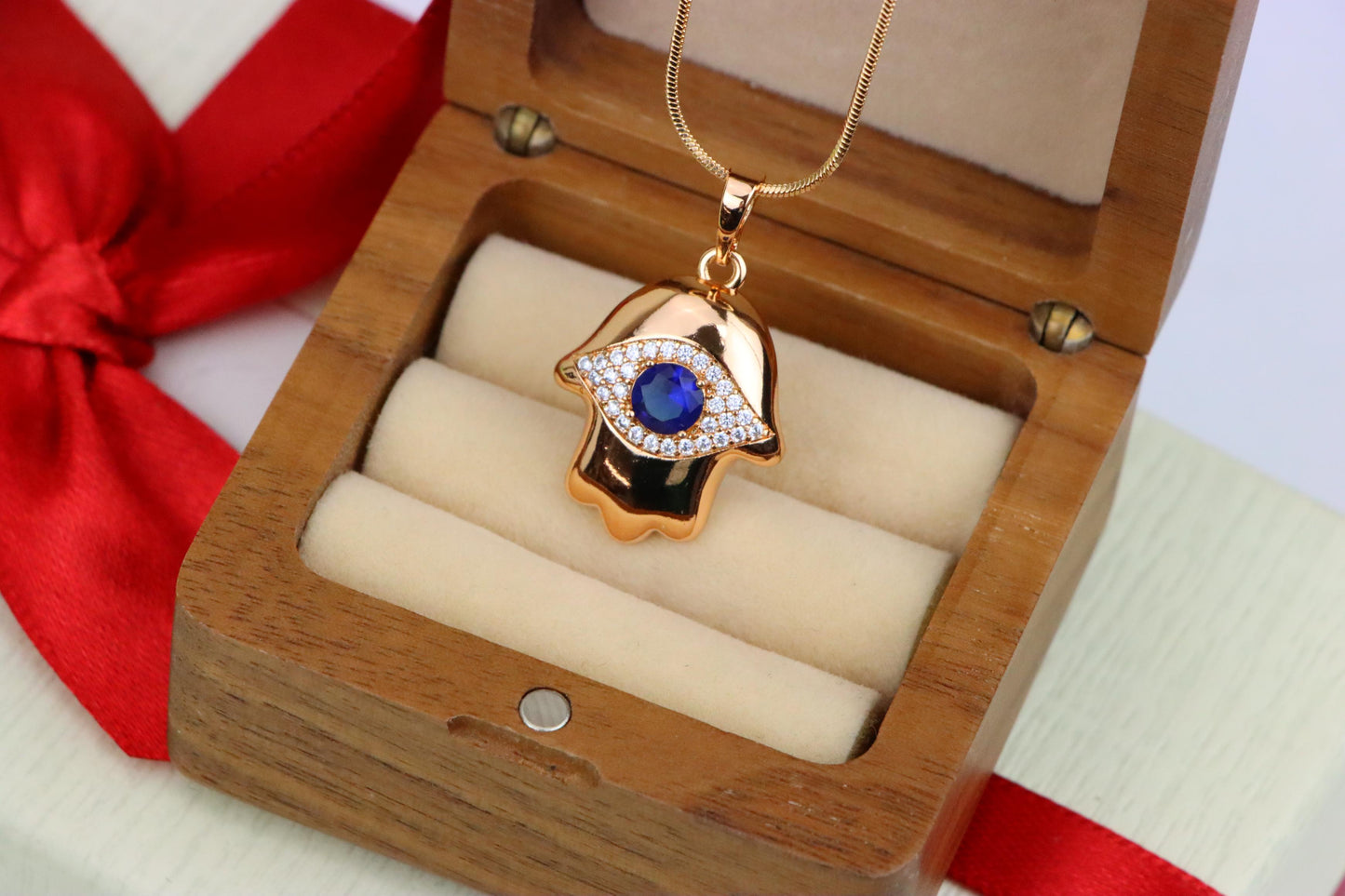 Blue Evil Eye Hamsa Pendant in Gold Plated Brass – Bold Protection Charm, XPPT1754 (2152-2)