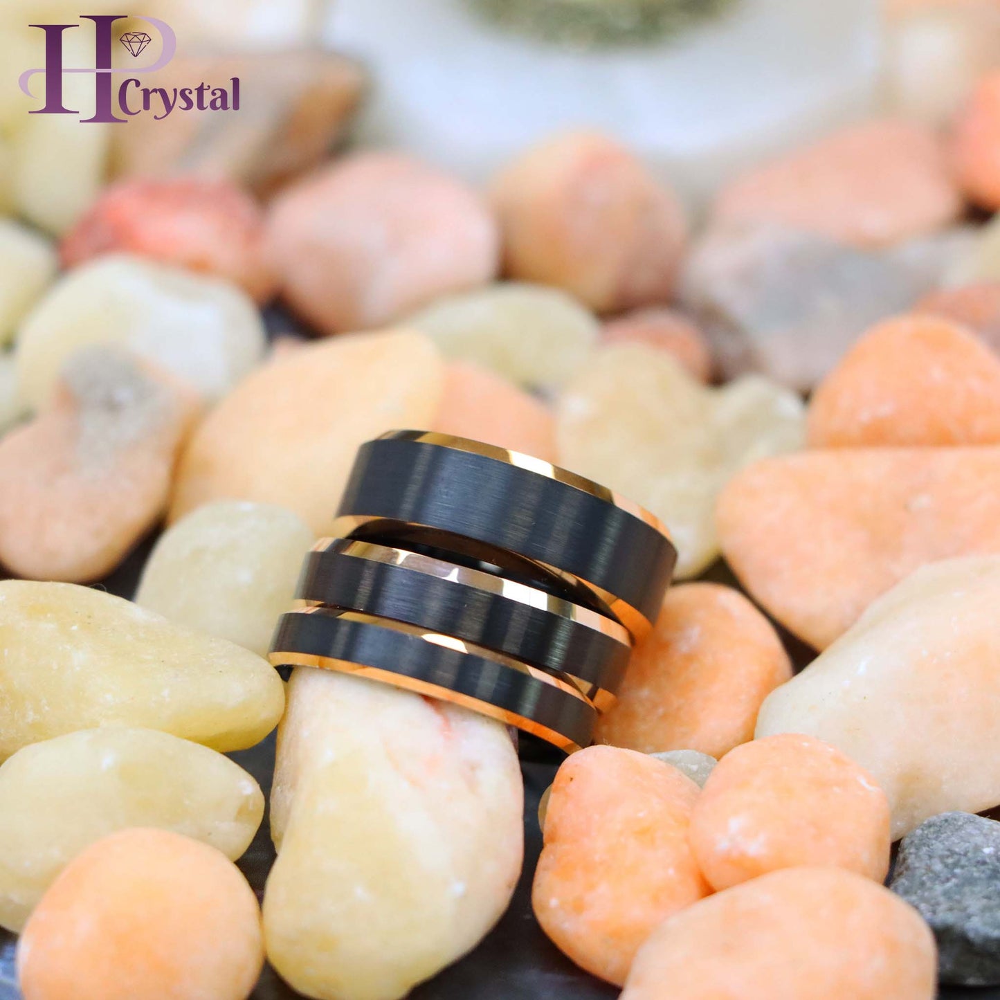 Men’s Two-Tone Black & Rose Gold Tungsten Ring – Brushed Center, Shiny Beveled Edges, Durable Wedding Band & Fashion Jewelry - hpcrystal