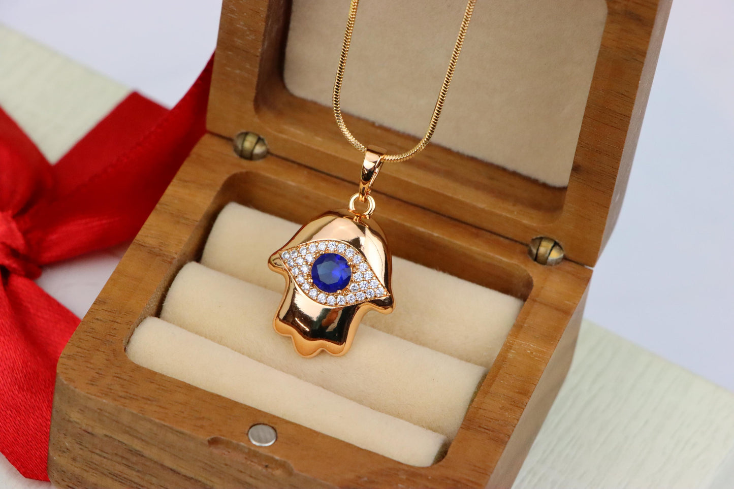Blue Evil Eye Hamsa Pendant in Gold Plated Brass – Bold Protection Charm, XPPT1754 (2152-2)
