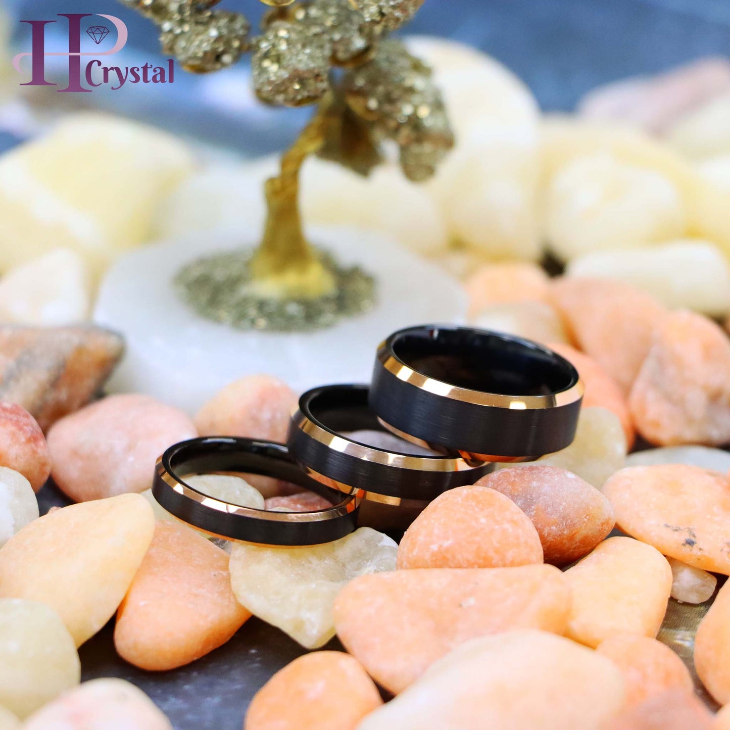 Men’s Two-Tone Black & Rose Gold Tungsten Ring – Brushed Center, Shiny Beveled Edges, Durable Wedding Band & Fashion Jewelry - hpcrystal