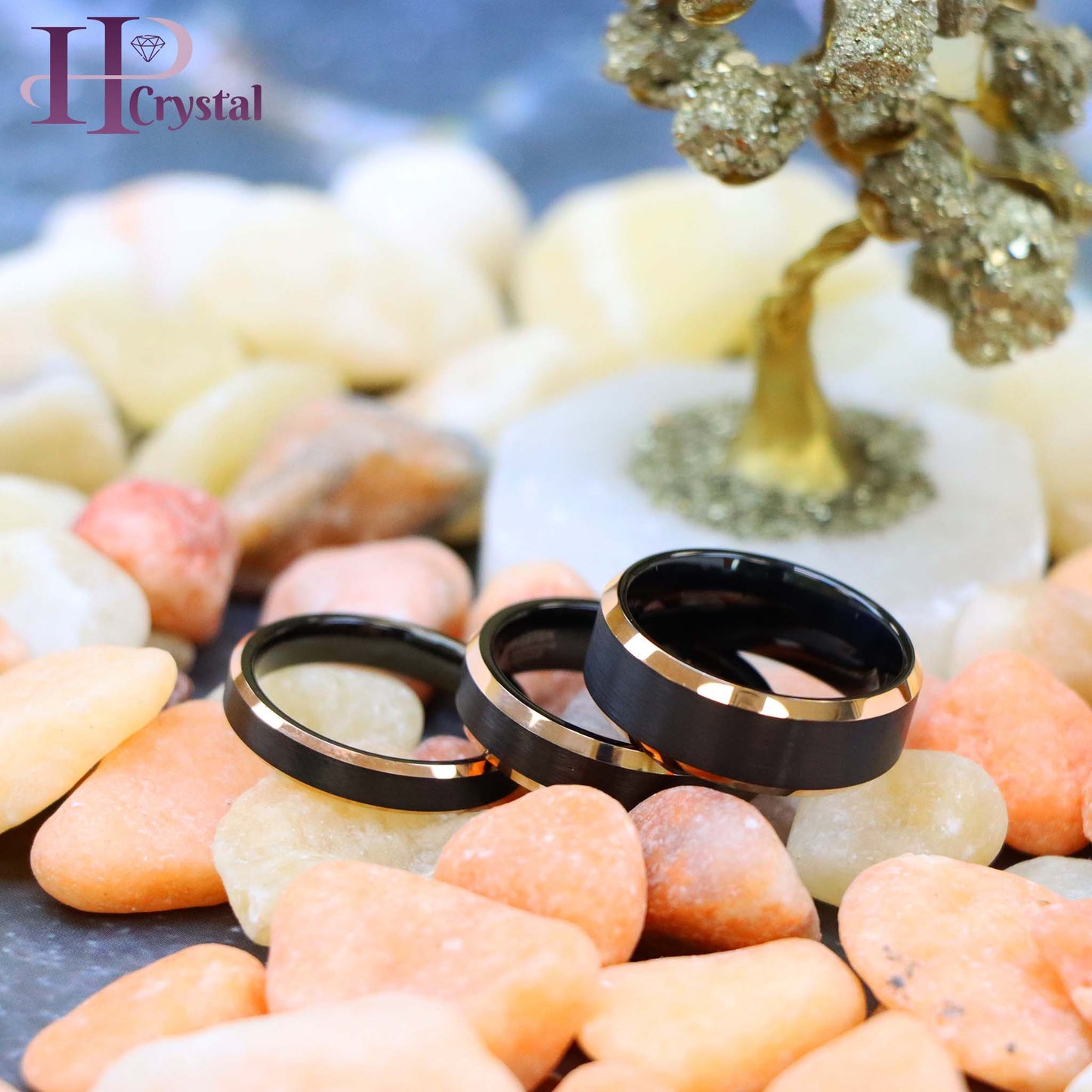 Men’s Two-Tone Black & Rose Gold Tungsten Ring – Brushed Center, Shiny Beveled Edges, Durable Wedding Band & Fashion Jewelry - hpcrystal