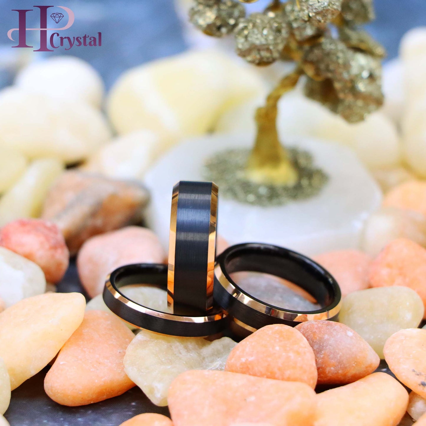 Men’s Two-Tone Black & Rose Gold Tungsten Ring – Brushed Center, Shiny Beveled Edges, Durable Wedding Band & Fashion Jewelry - hpcrystal