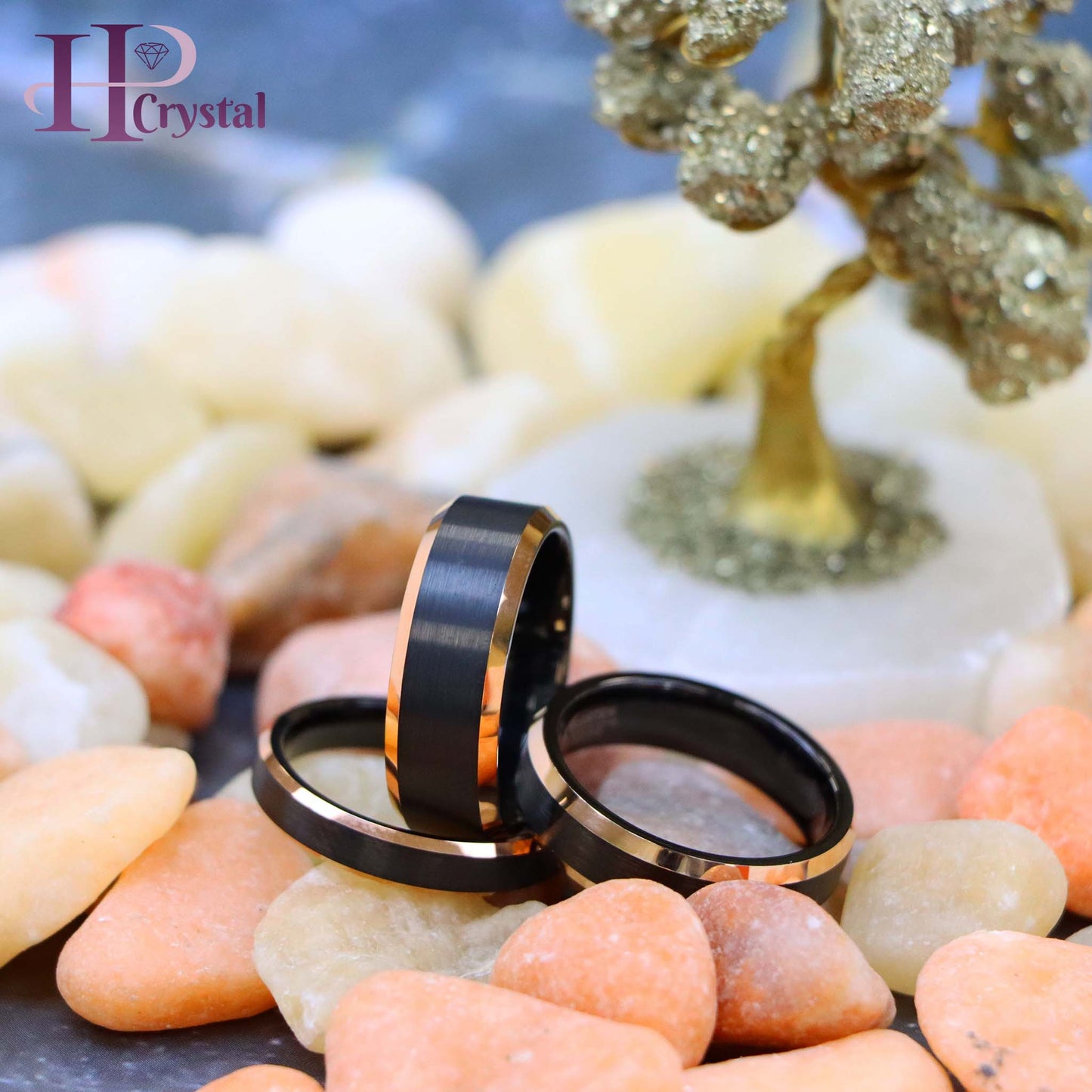 Men’s Two-Tone Black & Rose Gold Tungsten Ring – Brushed Center, Shiny Beveled Edges, Durable Wedding Band & Fashion Jewelry - hpcrystal