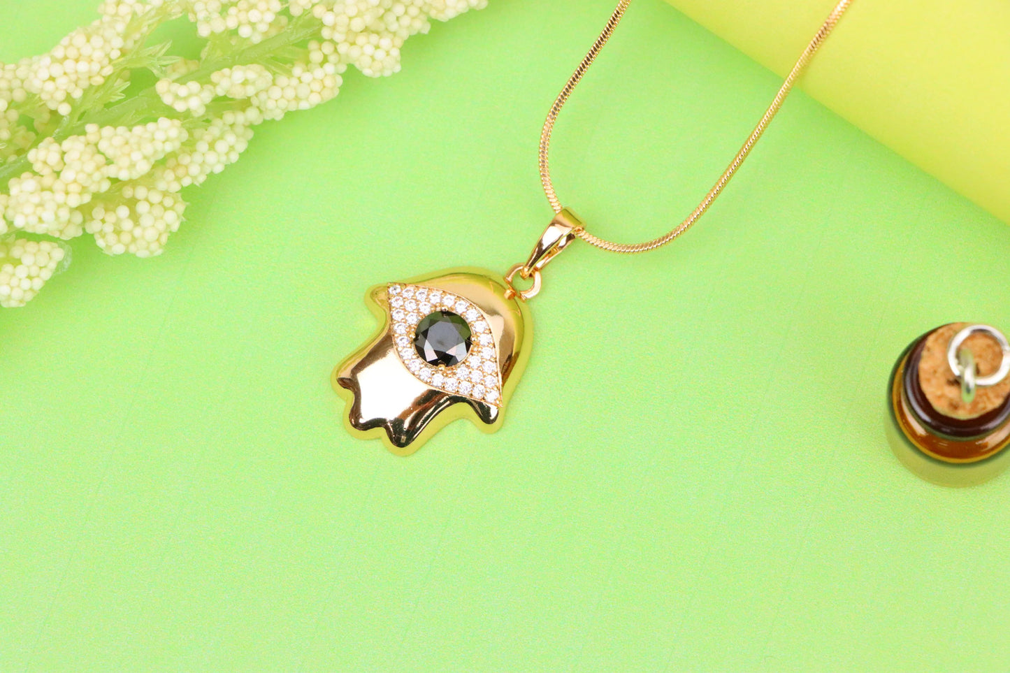 Black Evil Eye Hamsa Pendant in Gold Plated Brass – Bold Protection Amulet, XPPT1756 (2152-2)