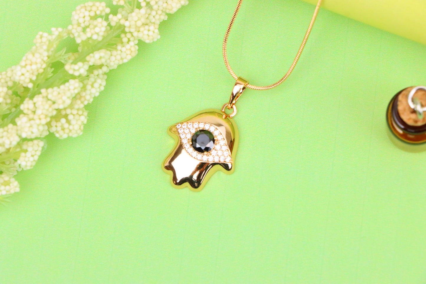 Black Evil Eye Hamsa Pendant in Gold Plated Brass – Bold Protection Amulet, XPPT1756 (2152-2)