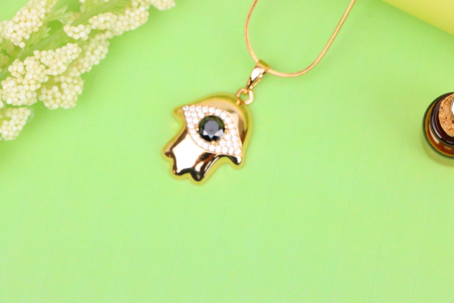 Black Evil Eye Hamsa Pendant in Gold Plated Brass – Bold Protection Amulet, XPPT1756 (2152-2)
