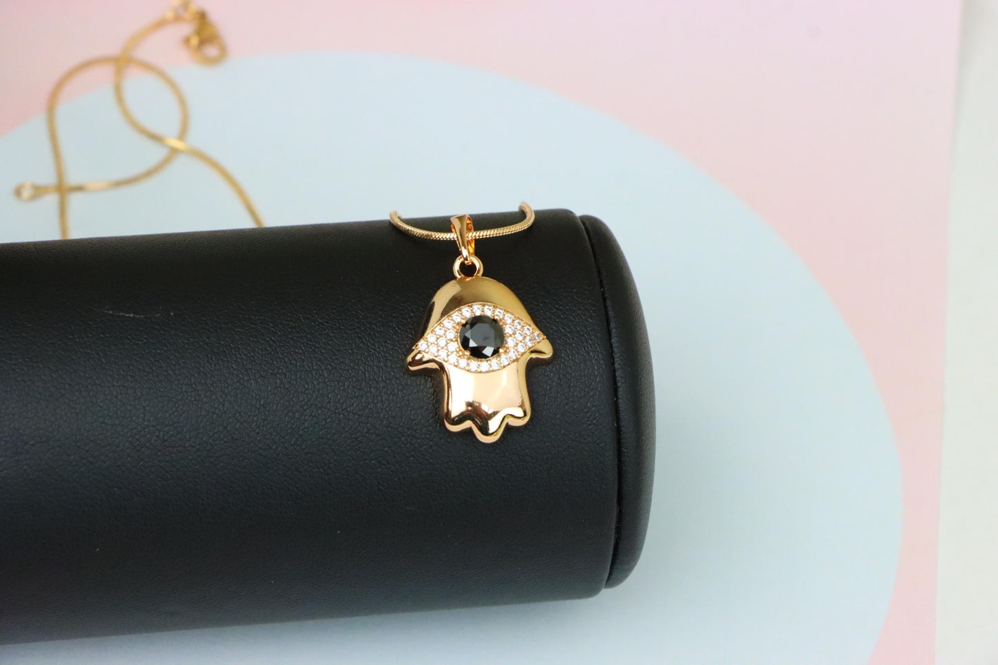 Black Evil Eye Hamsa Pendant in Gold Plated Brass – Bold Protection Amulet, XPPT1756 (2152-2)