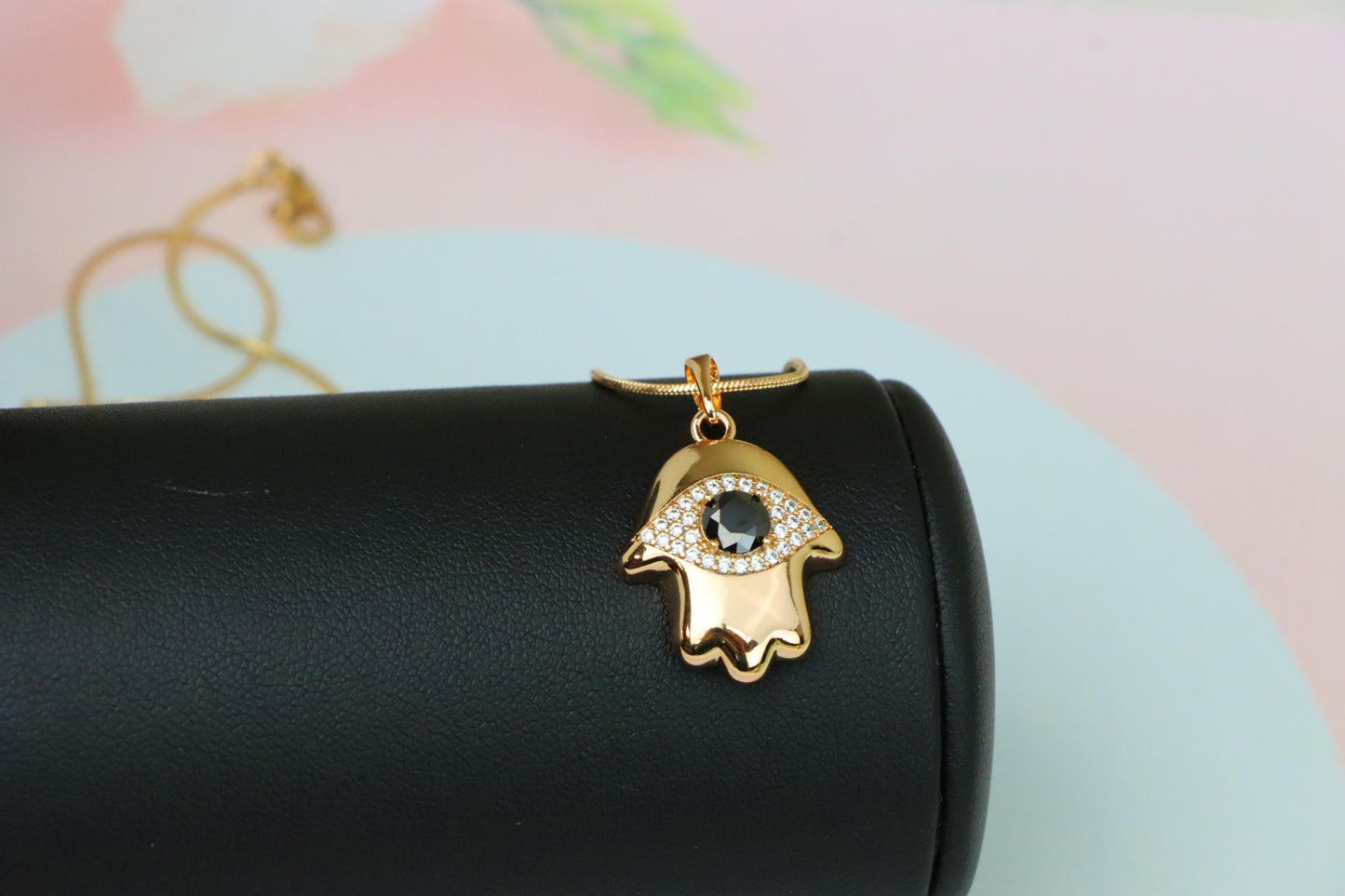 Black Evil Eye Hamsa Pendant in Gold Plated Brass – Bold Protection Amulet, XPPT1756 (2152-2)