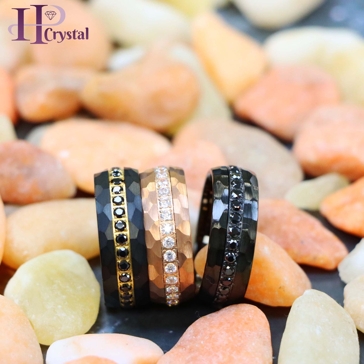 Hammered Black IP Plated / Rose Gold IP Plated Prong-set Round-cut Black CZ Eternity Tungsten Ring