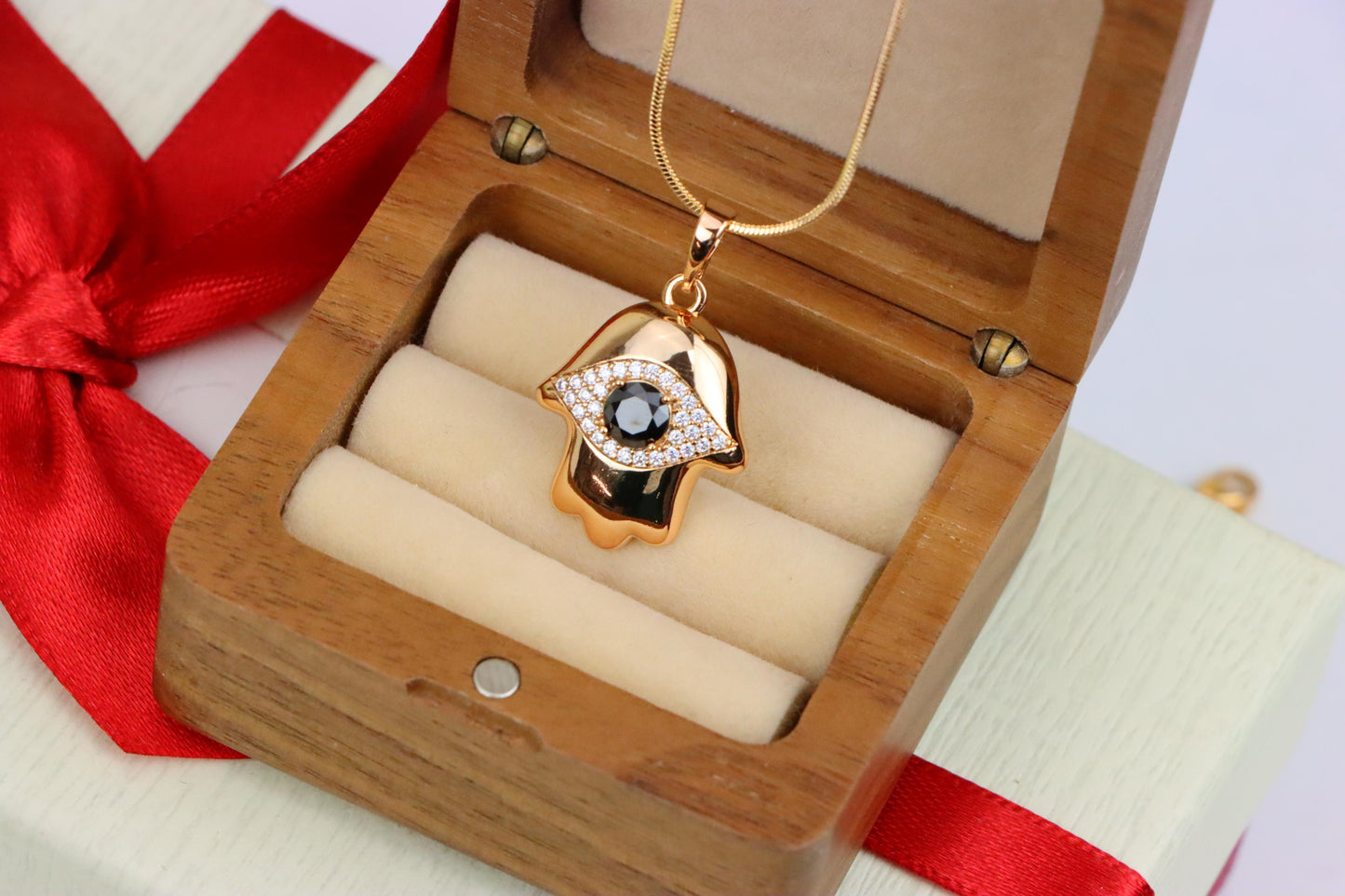 Black Evil Eye Hamsa Pendant in Gold Plated Brass – Bold Protection Amulet, XPPT1756 (2152-2)