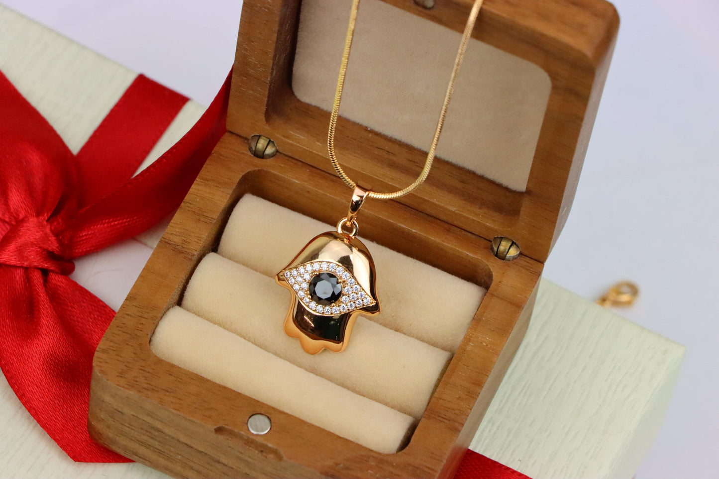 Black Evil Eye Hamsa Pendant in Gold Plated Brass – Bold Protection Amulet, XPPT1756 (2152-2)