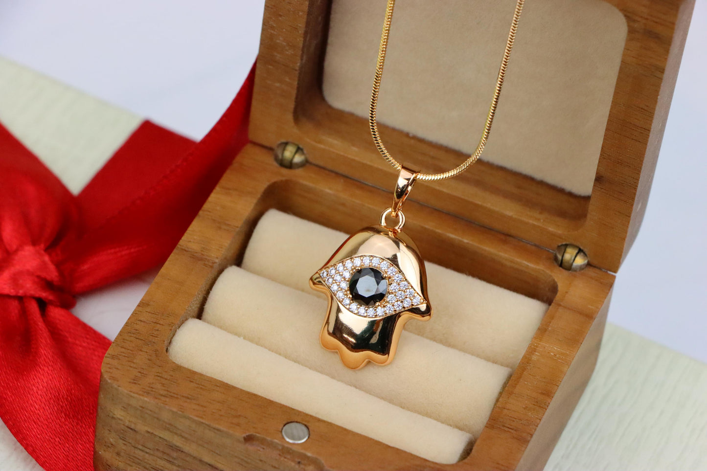 Black Evil Eye Hamsa Pendant in Gold Plated Brass – Bold Protection Amulet, XPPT1756 (2152-2)