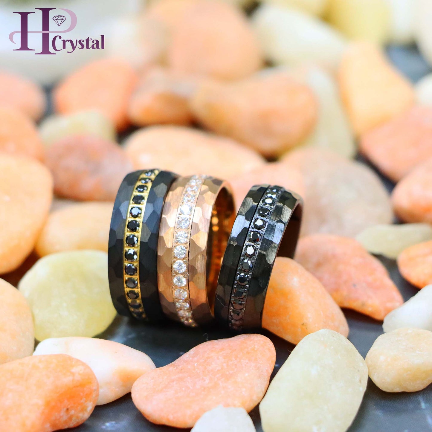 Hammered Black IP Plated / Rose Gold IP Plated Prong-set Round-cut Black CZ Eternity Tungsten Ring