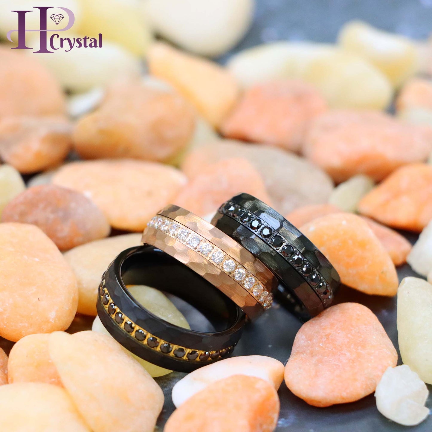 Hammered Black IP Plated / Rose Gold IP Plated Prong-set Round-cut Black CZ Eternity Tungsten Ring