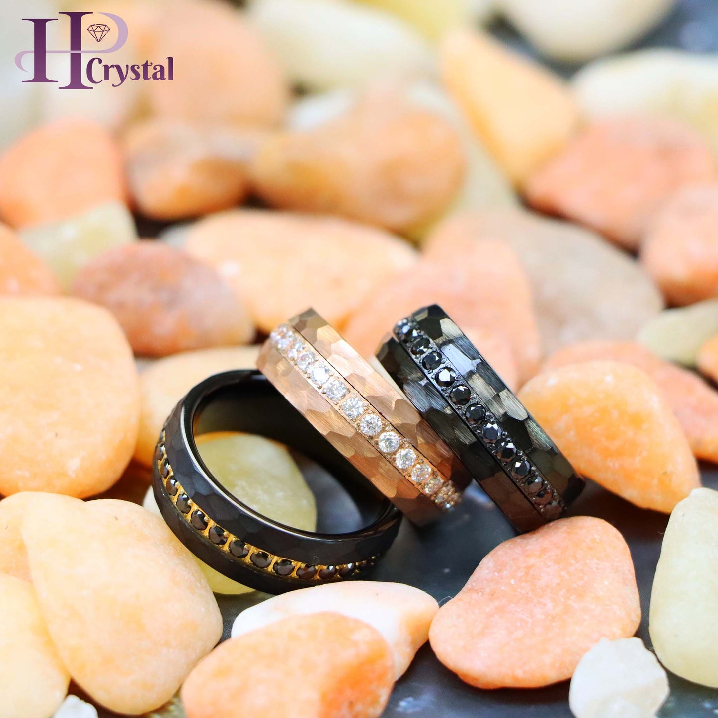 Hammered Black IP Plated / Rose Gold IP Plated Prong-set Round-cut Black CZ Eternity Tungsten Ring