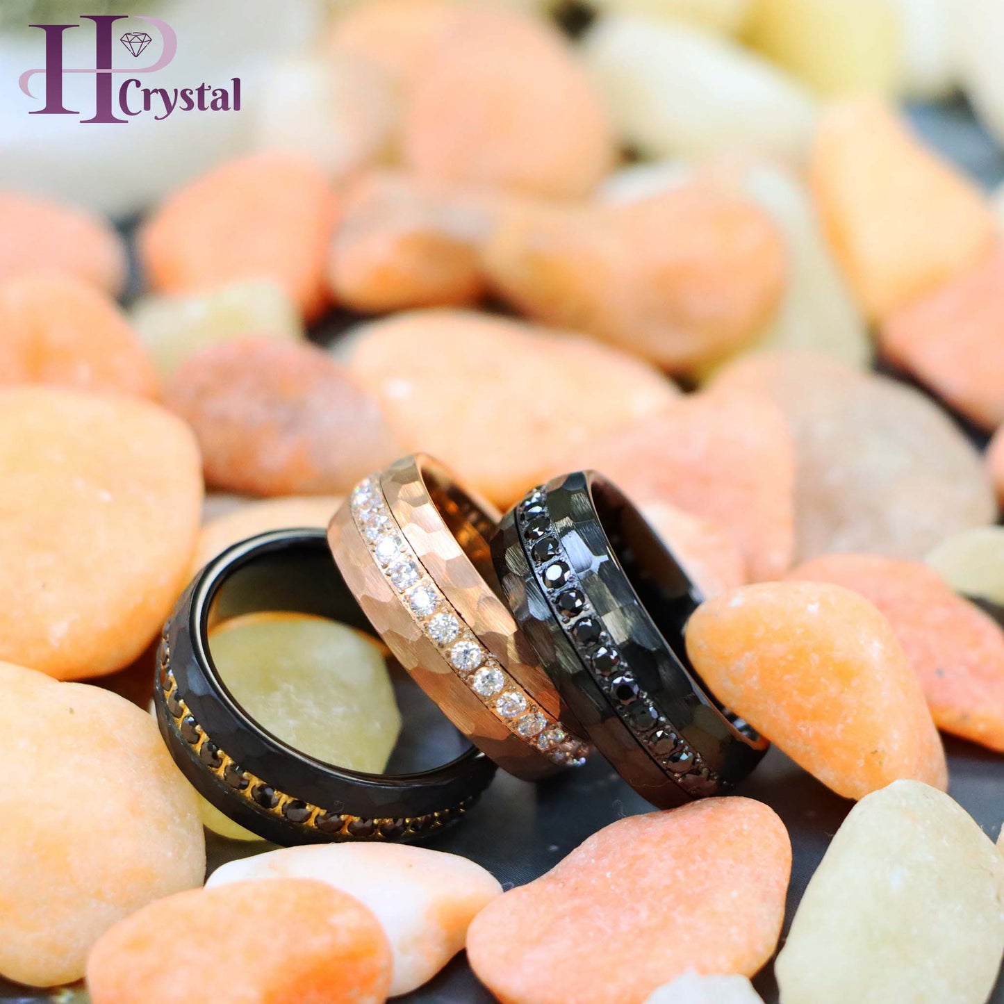 Hammered Black IP Plated / Rose Gold IP Plated Prong-set Round-cut Black CZ Eternity Tungsten Ring