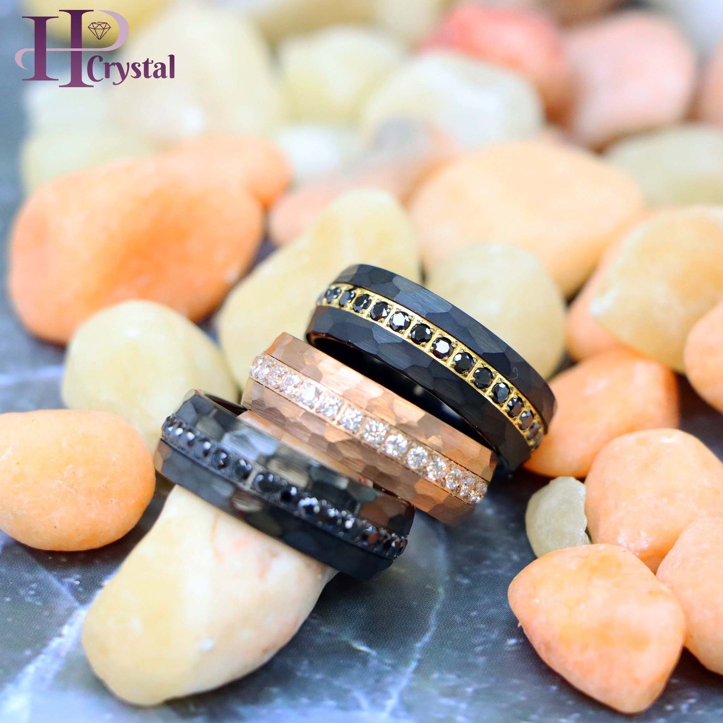 Hammered Black IP Plated / Rose Gold IP Plated Prong-set Round-cut Black CZ Eternity Tungsten Ring