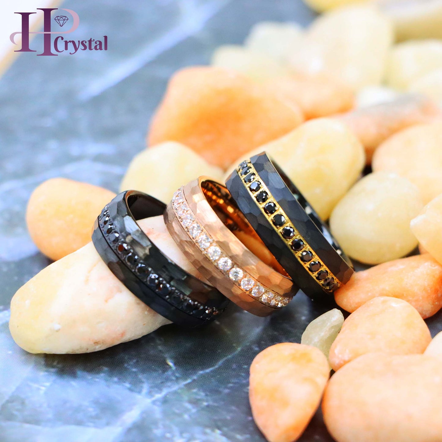 Hammered Black IP Plated / Rose Gold IP Plated Prong-set Round-cut Black CZ Eternity Tungsten Ring