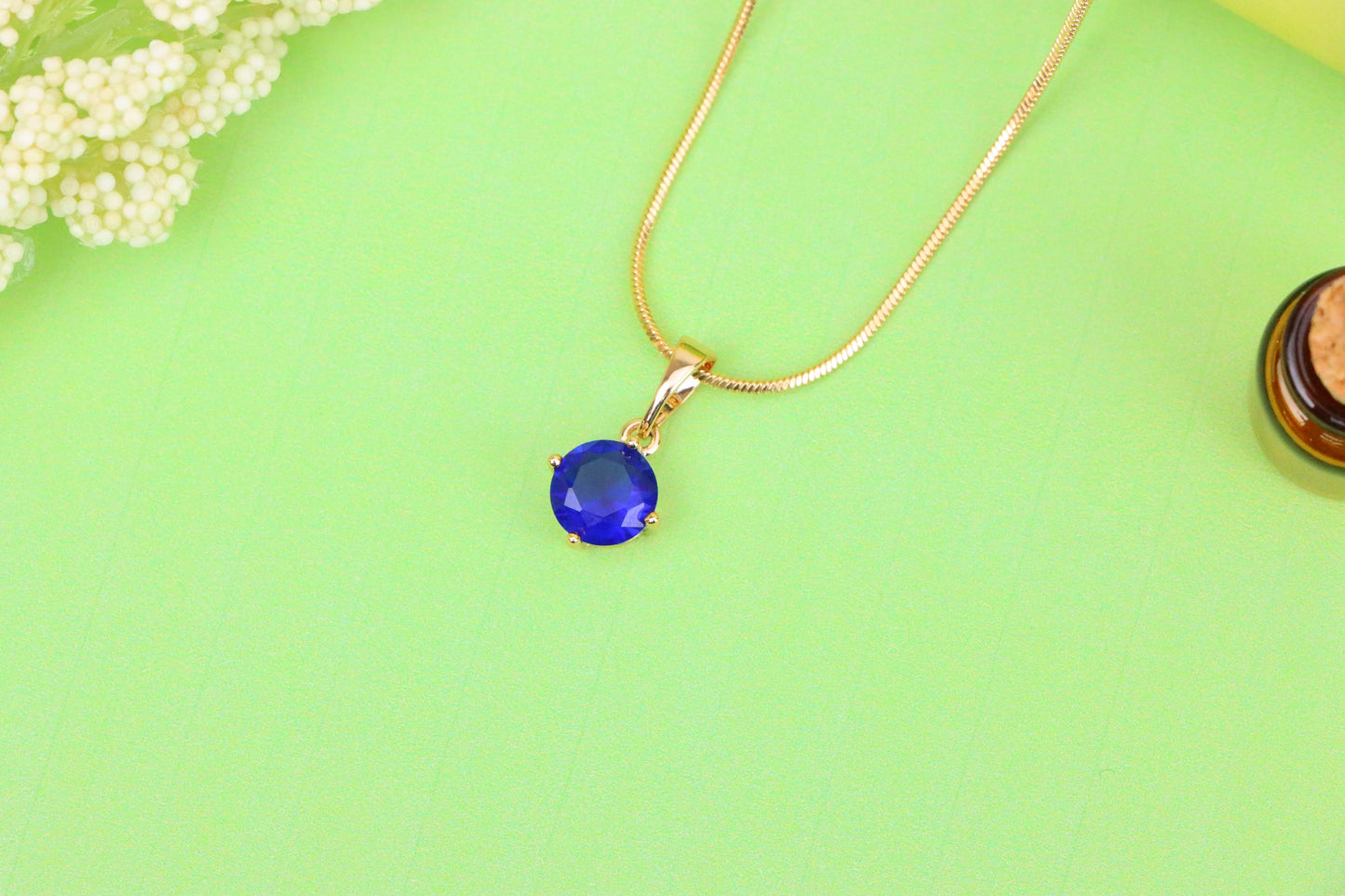 Round Blue Stone Pendant in Gold Plated Brass – Dainty Everyday Charm, XPPT1758 (2152-3)