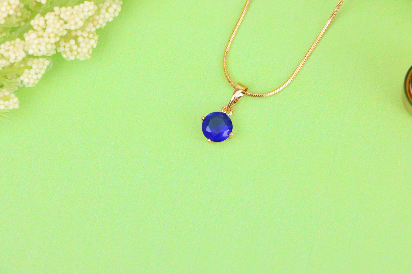 Round Blue Stone Pendant in Gold Plated Brass – Dainty Everyday Charm, XPPT1758 (2152-3)