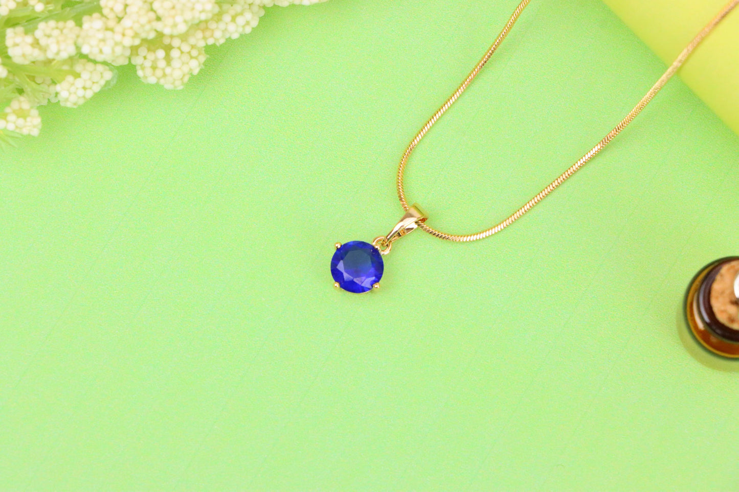 Round Blue Stone Pendant in Gold Plated Brass – Dainty Everyday Charm, XPPT1758 (2152-3)